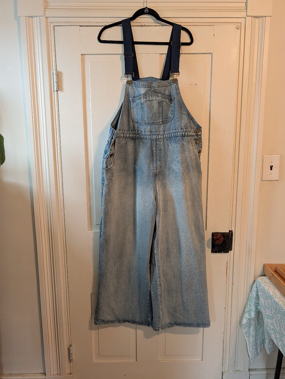 Cider Light Blue Denim Wide-Leg Overalls with Navy Straps